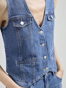 Ontre Women Denim Jacket And Vest Set, Casual Fitted Sleeveless Blue - Medium Wash - View 1