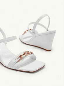 CUCCOO CHICEST Women White Wedge Heel Sandals With Asymmetrical Gold Buckle Decor And Open Toe