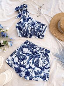 Soleia 2 件套女士植物印花无袖背心和短裤 - 藍白色 - 查看 3
