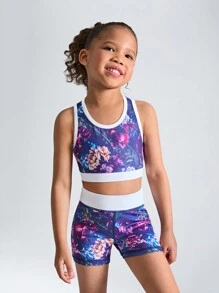 SHEIN Bộ 2 món cho bé gái, Áo không tay in hoa/trái tim và nhuộm màu tím + quần short, trang phục mặc ngoài trời cho kỳ nghỉ hè - Nhiều màu - Xem 7