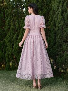Modelyn Women Floral Lace Puff Sleeve Double-Breasted Dress