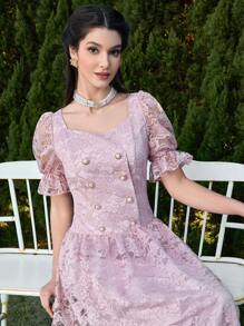 Modelyn Women Floral Lace Puff Sleeve Double-Breasted Dress