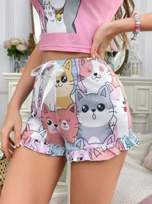 Cute Summer Cat Pattern Women Pajama Bottoms - Multicolor - View 4