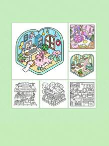 SHEIN 1pc Nook: Sách tô màu với thiết kế không gian ấm cúng siêu dễ thương để thư giãn (Tô màu không gian ấm cúng) Quà tặng cho bạn bè, cặp đôi và gia đình - màu xanh lá - Xem 7