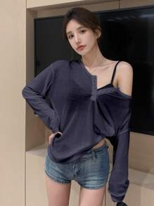 DAZY 女士纯色简约休闲T恤，时尚日常穿着长袖女上衣 - 藏蓝色 - 查看 3