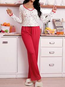 SweetSlumber Set de pijama de 2 piezas con estampado floral diminuto para mujer