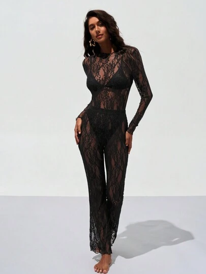 Opulessa 2st Set Kvinnor Enfärgad Spets Trim Monterad Långärmad Jumpsuit & Byxor