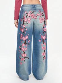 ROMWE Grunge Punk Women's Y2K Streetwear Cherry Blossom Embroidered Low Waist Loose Jeans - Blue - View 1