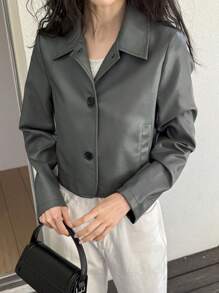 DAZY 春季新款休闲短款女式皮夹克 - 橄欖綠 - 查看 7