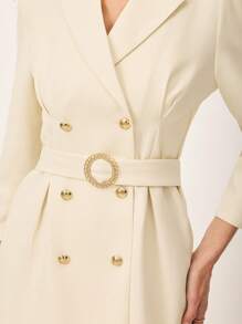 Poéselle Beige Suit Blazer, Office Women,Summer Women,Women Elegant Commuter Solid Color Double-Breasted Blazer,Simple Fashion, Comfortable And Breathable Fabric, Suitable For Daily, Street, Commute, Holiday, Dating And Other Occasions To Wear - White - View 3