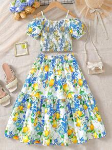 2 件套女童柠檬水果图案吊带上衣和长裙套装，夏季 - 藍色 - 查看 2