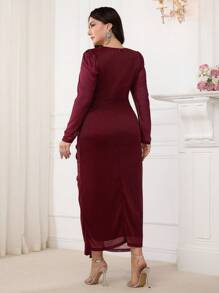 Modelyn Plus Size Simple Fashion Casual Daily Long Sleeve Solid Color Dress - Burgundy - View 2