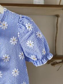 SHEIN Blusa de manga abullonada con lazo, estampado de margaritas y jacquard a cuadros para niñas - Multicolor - Ver 8