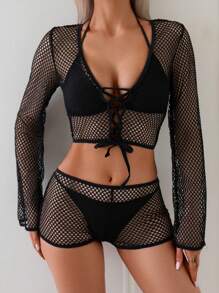 SHEIN Swim 2pcs Women Solid Mesh See-Through Cover Up, For Summer Beach Vacation - Black - View 4