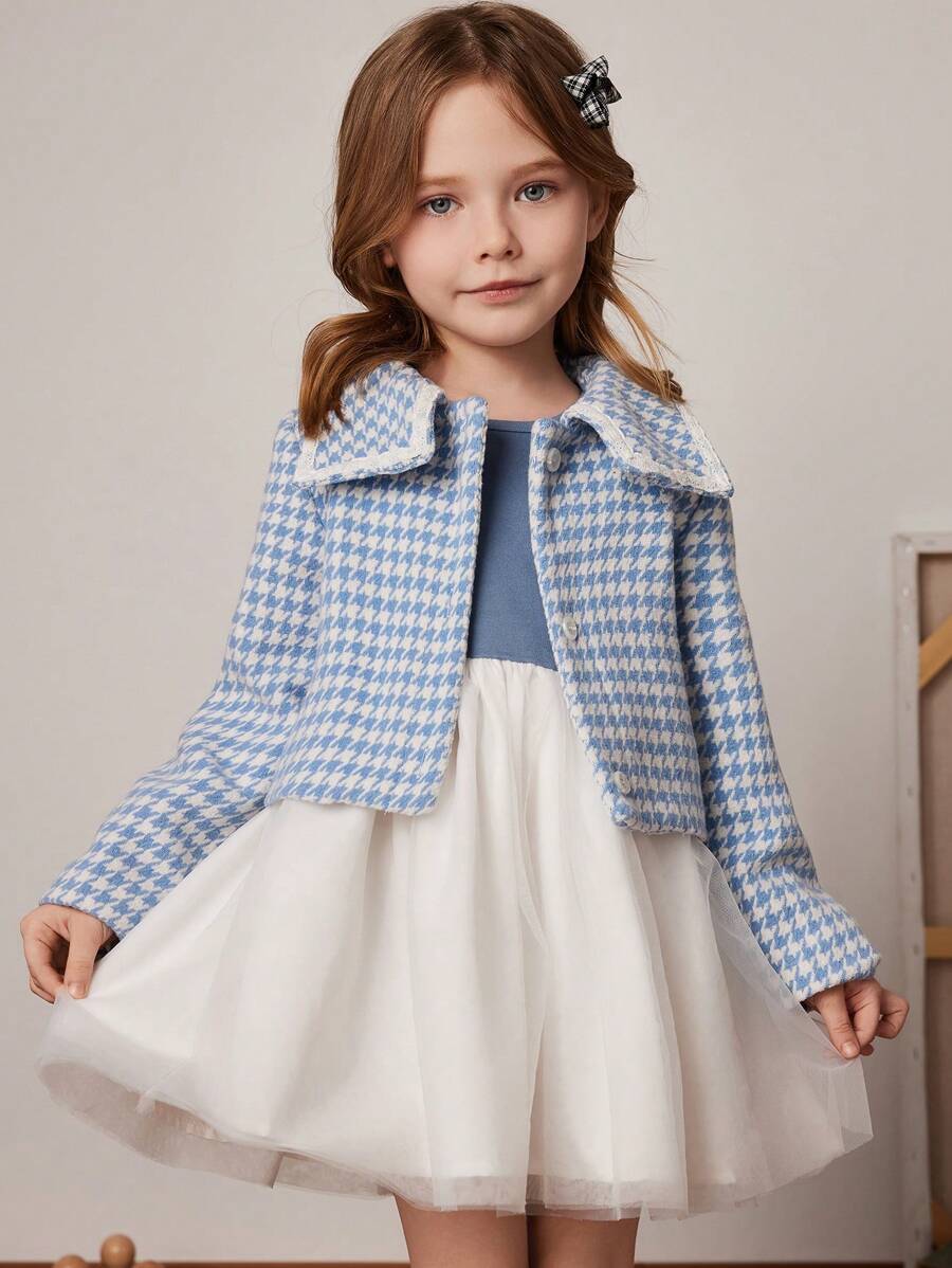 PrepCrw Young Girls' Blue & White Houndstooth Knit Jacket And Dress 2 Pieces Set, Spring/Summer - Blue - View 1