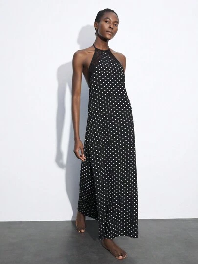 Maija Women's Black Polka Dot Lace Patchwork Backless Tie Waist Dress, Elegant Versatile Fitted Dress, Suitable For Autumn/Winter Party, Bohemian Style Outerwea Fall Clothes For Women,Fall Dresses For Women,Christmas Women's Clothing Party Outfit Beach Dresses Elegant Dress Women Summer Dresses For Women