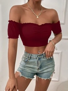 Breezaya 夏季休闲纯色露肩短款T恤