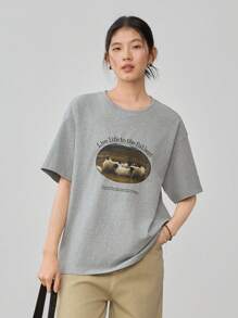 Dazy-Less Loose Casual Business Letter & Graphic Print Short Sleeve Women T-Shirt Old Money Style Summer - Grey - View 7