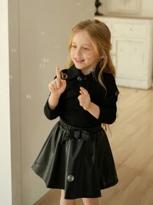 SHEIN Young Girl Ribbed Collar Long Sleeve Top And PU Leather Bowknot Skirt 2 Pieces Set, Fashion & Unique Outfit - Black - View 9
