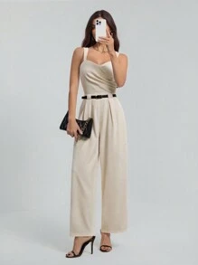 SHEIN Tall Casual Commuting Solid Color Jumpsuit With Belt - Apricot - View 7