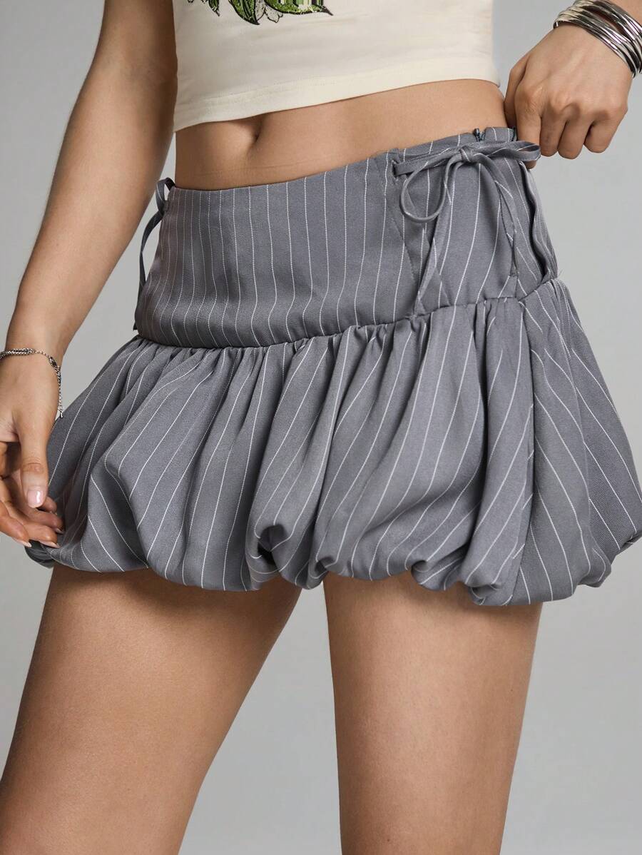 Easelle Grey Woven Women's Striped Short Bubble Hem Skirt