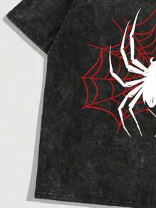 Flirla Plus Size Casual Washed Spider Print Short Sleeve T-Shirt - Black - View 4