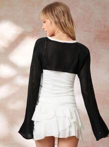 SHEIN EZwear 女式黑色超短喇叭长袖镂空撞色蝴蝶结夹克 - 黑色 - 查看 4