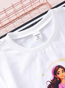 Tween Girls Summer Cute Lantern & Girl Print T-Shirt With Fuchsia Ruffle Cake Skirt Set,Holiday,Summer,Travel - Hot Pink - View 4