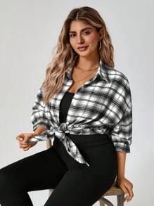 SHEIN LUNE 大码女式 3 件套：格子衬衫、吊带背心、裤子套装 女士西装 波西米亚风 90 年代服装 节日、春假服装、女士街头服装 夏季波西米亚风复古风 女士夏季服装 春假狂欢服装 节日春假服装 - 黑與白 - 查看 6