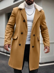 Manfinity Homme Plus Size Men's Contrast Color Fur Collar Double-Breasted Overcoat, Fall/Winter - Brown - View 5