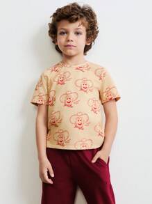 SHEIN Boys Cute Portrait Print Loose Fit Crew Neck Short Sleeve Knitted T-Shirt And Elastic Waist Drawstring Red Sweatpants Set - Khaki - View 5