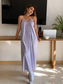 DAZY Women Minimalist Solid Color Ruffled Design Slip Dress Loungewear, Moo Moo Pajama - Purple - View 6