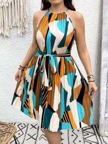 SHEIN Clasi Plus Summer Geometric Print Halter Neck Casual Dress, Minimalist & Fashionable For Everyday Wear
