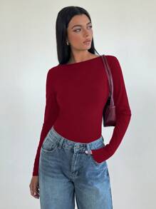 Aloruh 女式蕾丝拼接长袖露背短款上衣 - 酒紅色 - 查看 6