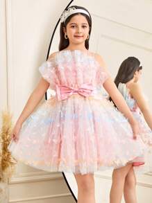 SHEIN Tween Girl 优雅蝴蝶花朵腰部修身喇叭裙 - 粉色 - 查看 5