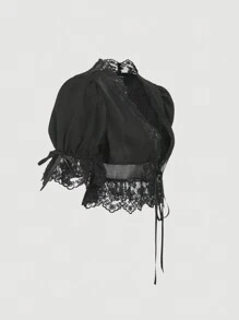 SHEIN MOD 女士蕾丝泡泡袖V领黑色衬衫，趣味衬衫，休闲假日，情人节服装，暑假，夏季，早午餐，情人节，女士海滩装，情人节女士装，海滩度假，邮轮女士性感装，复活节 - 黑色 - 查看 3