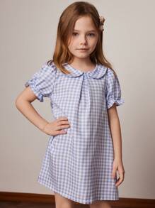 PrepCrw 年轻女孩春夏格纹编织领蝴蝶结连衣裙