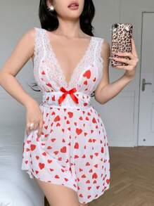 Sexy Mesh Heart Design Slit Maxi Nightgown For Women, Valentine's Day