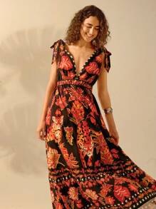 CAJUNI Đầm dài đi biển không tay cổ chữ V sâu cho nữ, họa tiết báo nhiệt đới Boho, quả dứa, họa tiết chim tucan, mùa hè - màu đen - Xem 5