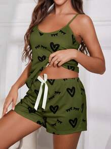 Heart Lash Print Camisole & Shorts Pajama Set - Army Green - View 3