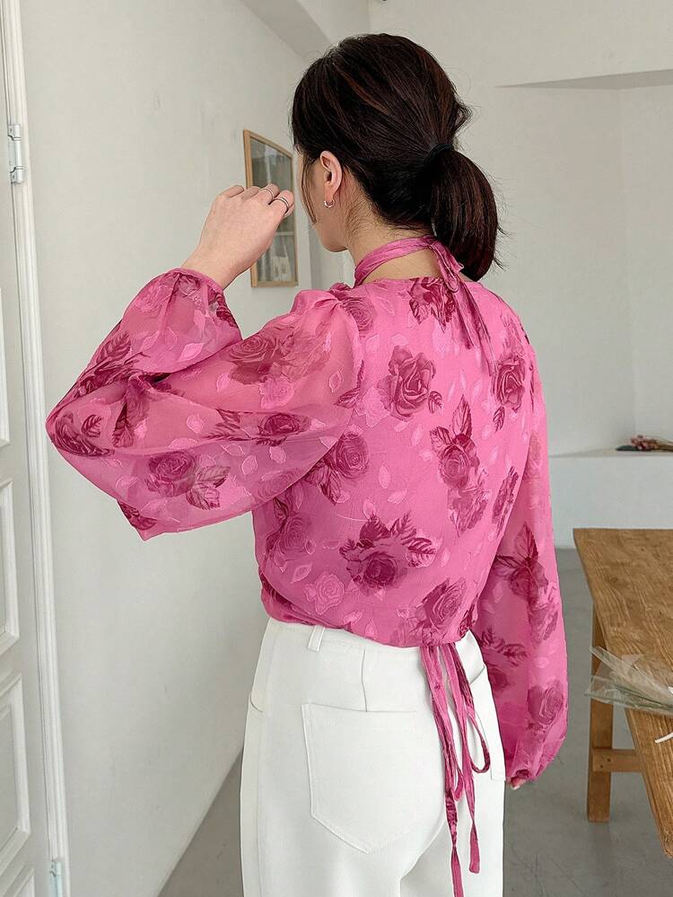 Women's Elegant Spring/Summer Floral Print Long Sleeve V-Neck Asymmetric Shirt