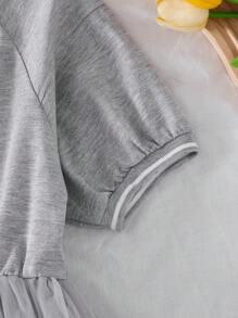 Girls' Fashion Stand Collar Short Sleeve Elastic Waist A-Line Mesh Puffy Dress, Spring/Summer - Grey - View 7