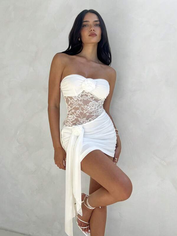 Aloruh Women's Sexy And Elegant Lace Panel Bustier Floral Decor Fitted Mini White Lace Dress Beach Resort Women Women Summer Dress Women White Dress Beach Outfits For Woman