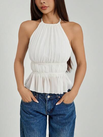 SHEIN PETITE Women's Pleated Halter Neckline Waist-Tied Backless Tank Top
