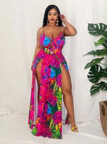 Slaydiva Plus Size Summer Tropical Floral Print Spaghetti Strap High Slit Dress - Multicolor - View 3