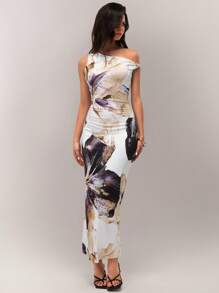 Forever 21 Spring Vacation Beach Big Floral Print Asymmetric Neck Elegant Dress For Women