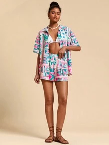 Travachic Set de 2 piezas para mujer de camisa y shorts con estampado de Hawai para primavera/verano