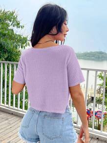 SHEIN EZwear Hot Pink Waffle Knit Crop Top For Summer - Lilac Purple - View 2