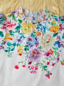 2pcs/Set Teen Girl Floral Print Frill Trim Long Sleeve Shirt And Pants Set