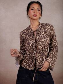 COSMINA Women Leopard Print Long Sleeve Front-Tie Shirt - Multicolor - View 6